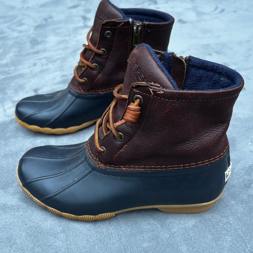 Sperry Saltwater Duck Boots Size 7 Kids Rain Snow Leather Navy Brown STS91175